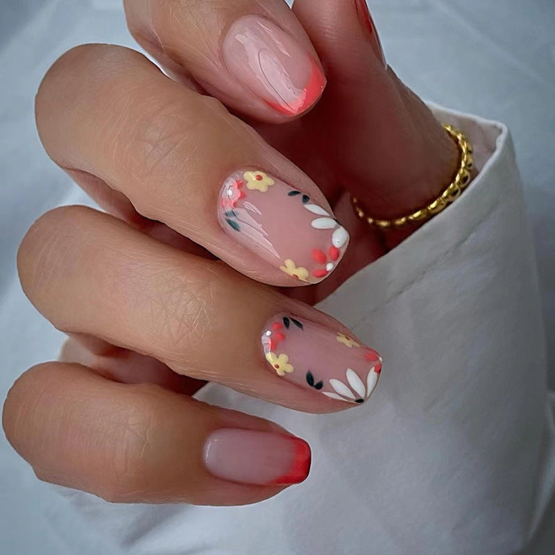 Square Multicolor Flower Nails - Cute, Sweet, Romantic