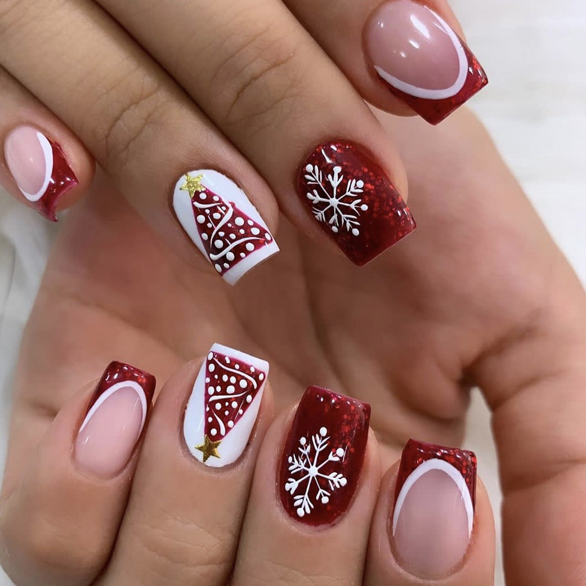 Christmas Red French Snowflake Tree Square Removable Nails