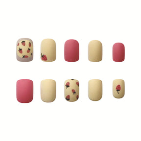 Chic Pink Yellow Ombre Matte Square Nails with Strawberry Design