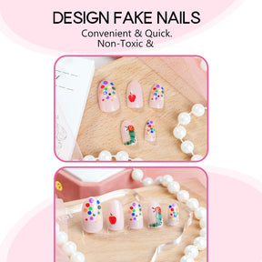 Short Handmade Nails with Painted Caterpillar and Apple