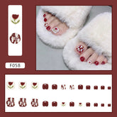 Cherry Wine Red Leopard Print Flower Toe Nails Bridal Sweet Chic Fake Nails