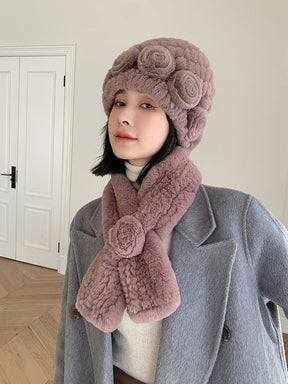 Elegant Real Rabbit Fur Hat & Scarf Set - Winter Warmth