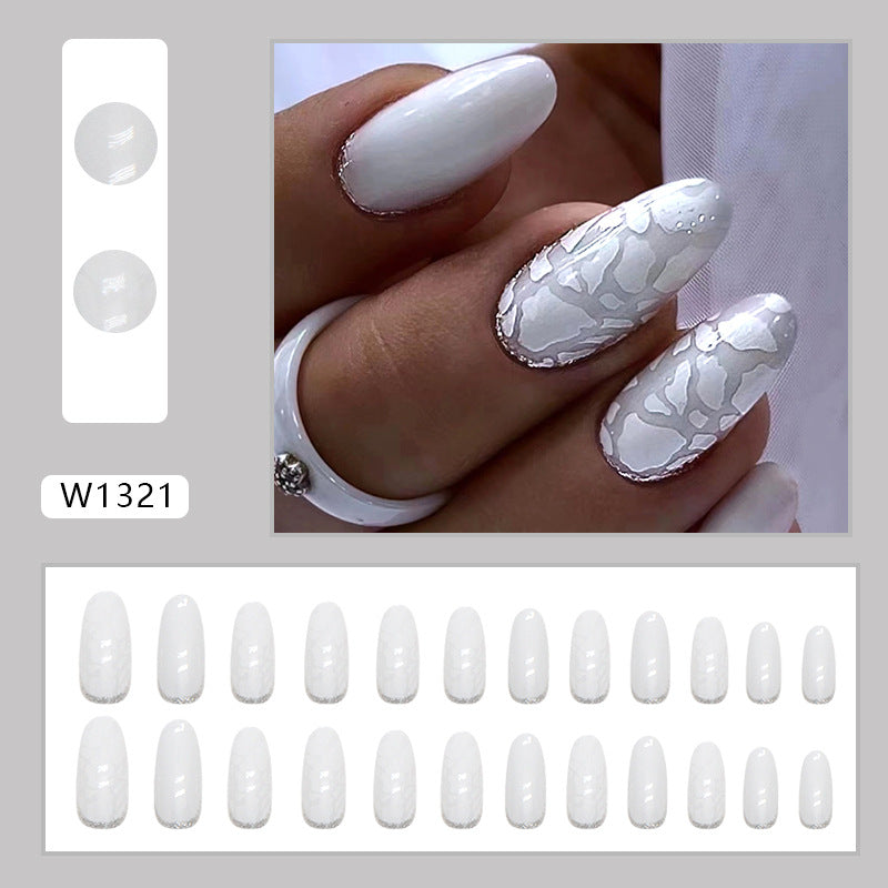 Mid-Length Oval Reverse French Nails with White Shell Fragments