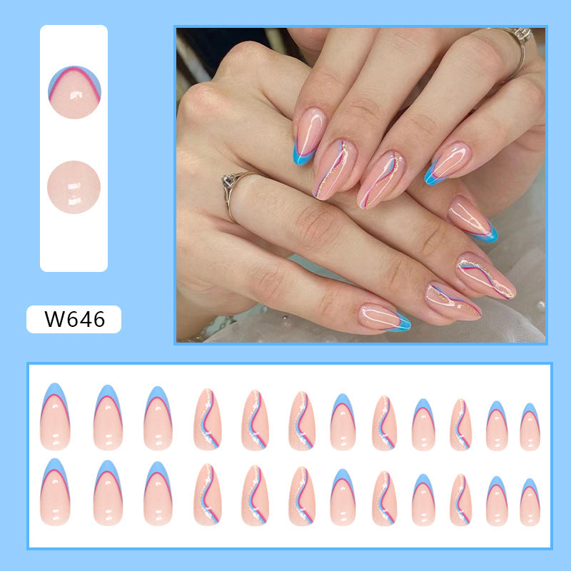 Blue Pink French Wave Almond Fall Nails - Ins Style