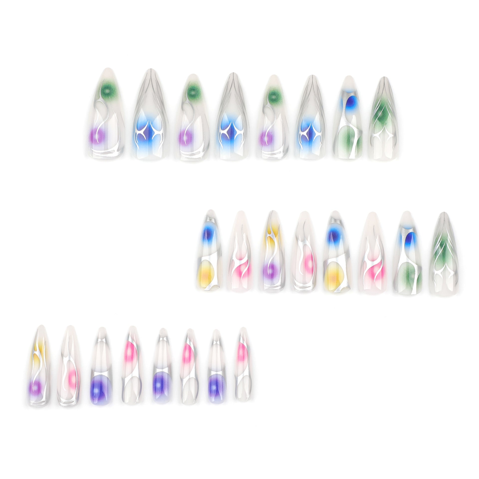 Color Gradient Long Pointy Fake Nails, Silver Flame Design