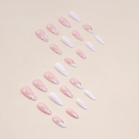 Soft Pink Desire White French Falling Petal Nails Almond Shape Ready-to-Wear Nails Wholesale