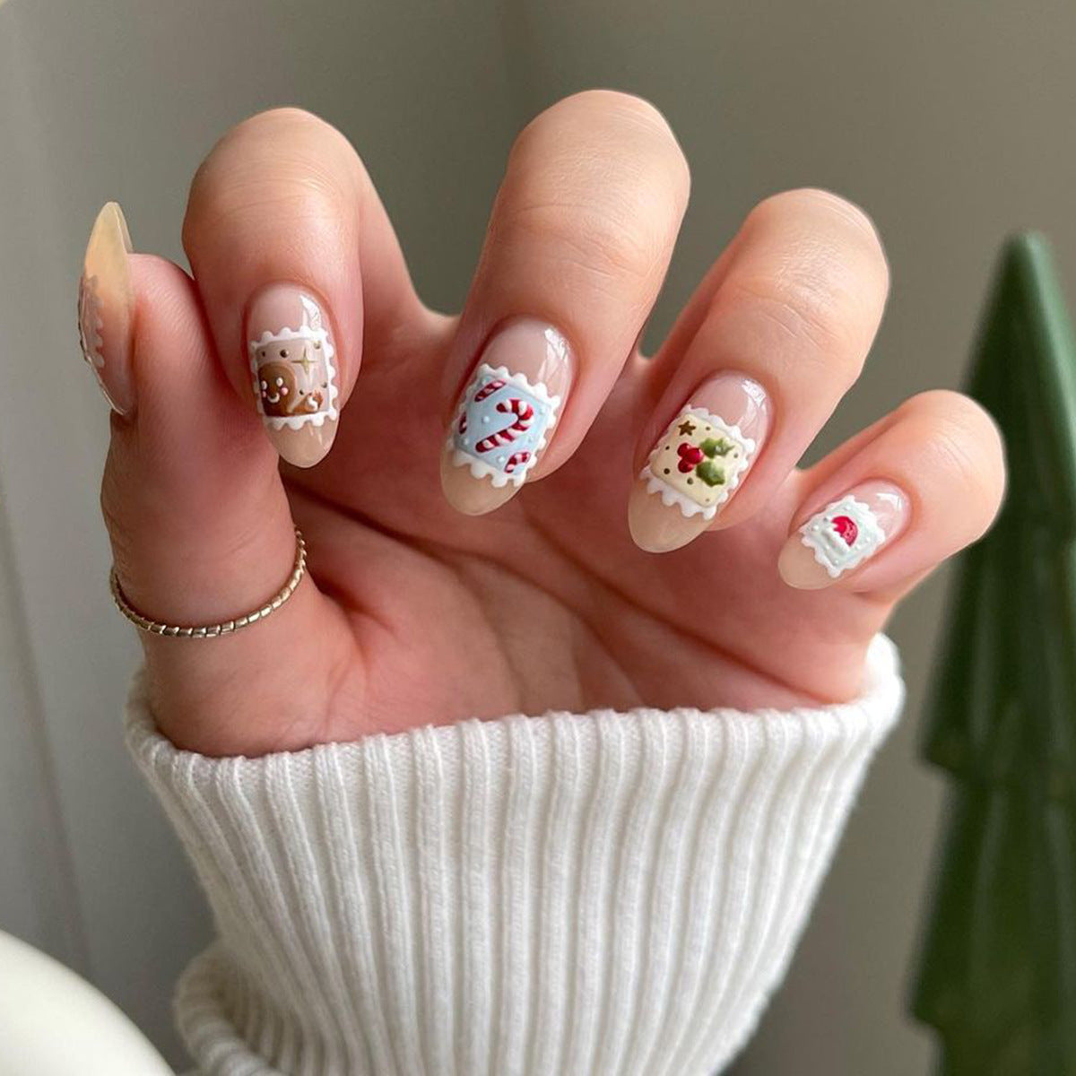 Cute Candy Cane and Santa Hat Christmas Nails