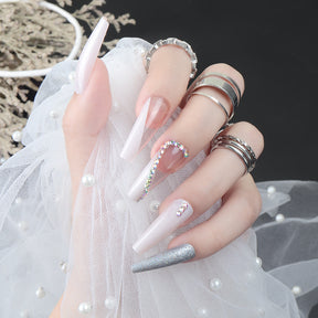 Transparent Ballet Nails with Silver Glitter and Diamond Accents