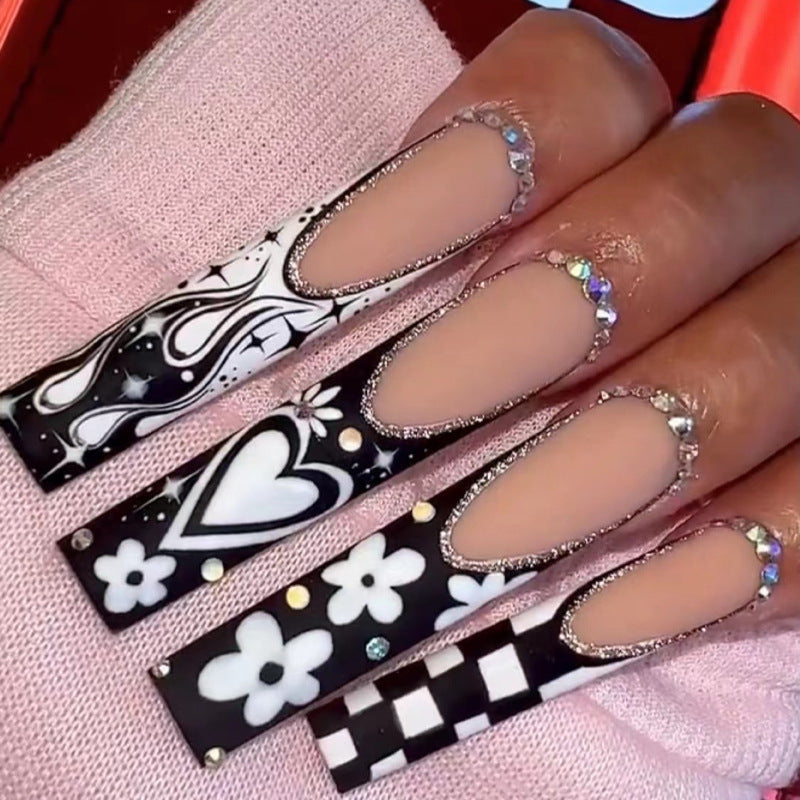 Black White Star French Tip Long Square Fake Nails, Rhinestone Heart Flame Plaid