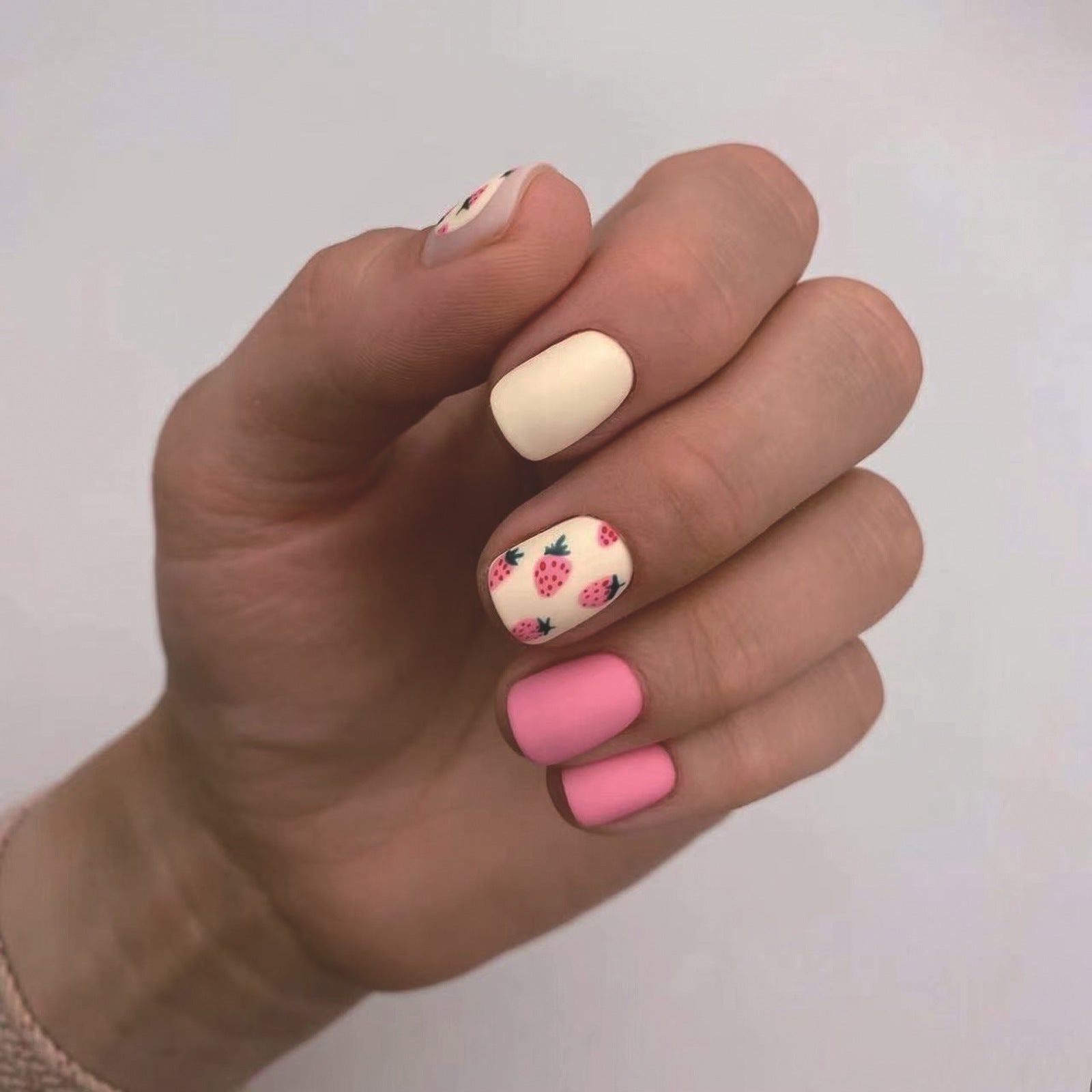 Chic Pink Yellow Ombre Matte Square Nails with Strawberry Design