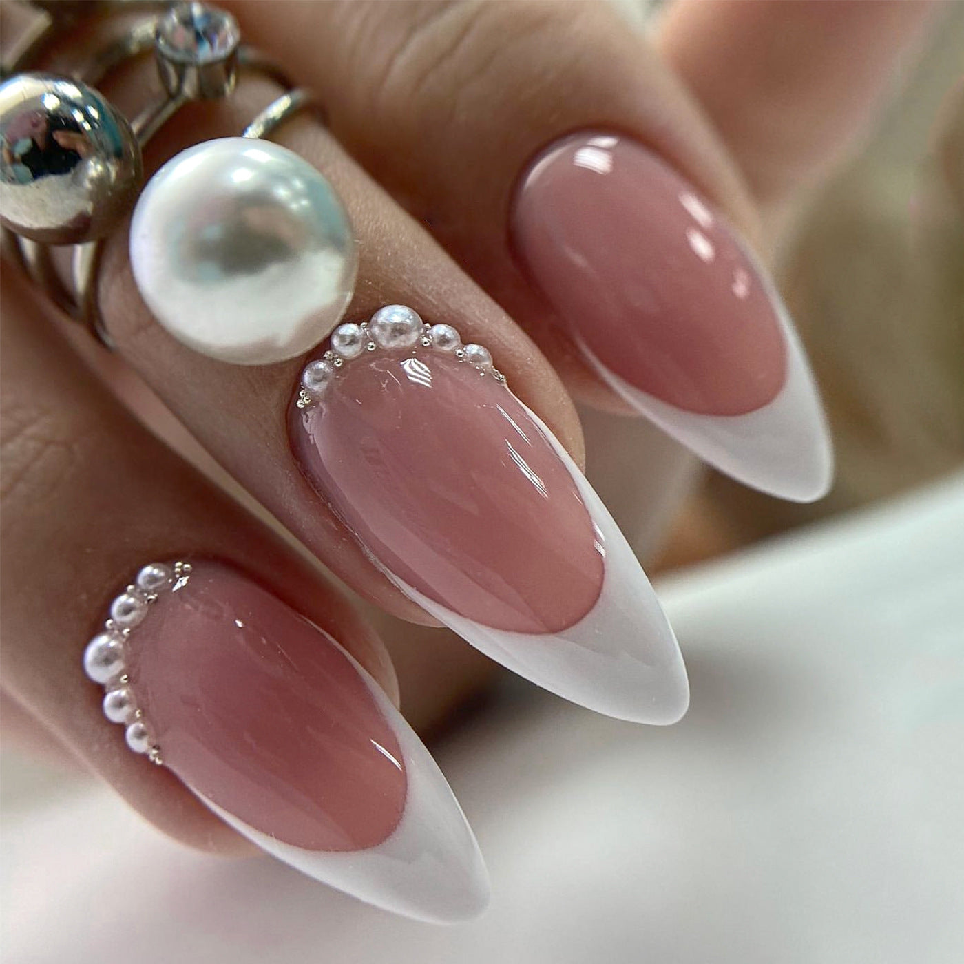 Simple French White Edge Nail Wraps with Pearls for Fall Nails