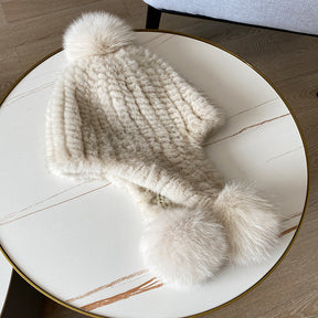 Warm Mink Fur Hat with Fox Pom Pom - Winter Luxury