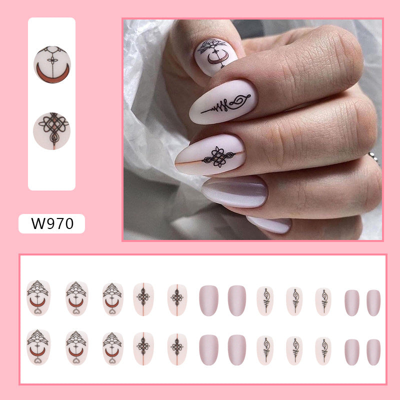 Short Oval Aurora Matte Nails, Vintage Knot Design