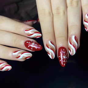 Red White Gold Glitter Wave Nails with Snowflake Design