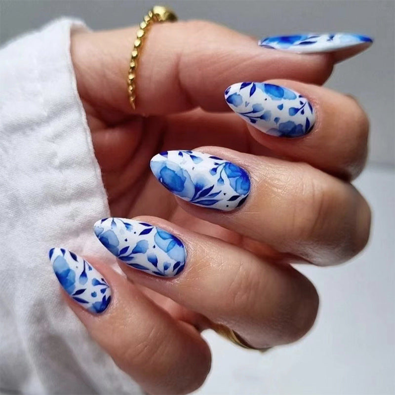 Almond Blue Mist Flower Nails, Cool and Removable