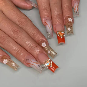 Shiny Heart-Shaped Orange Crystal Nails, Perfect for Fall Holidays