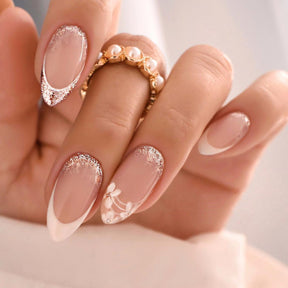 Luxury French Almond Nail Tips with Rhinestone and Lace