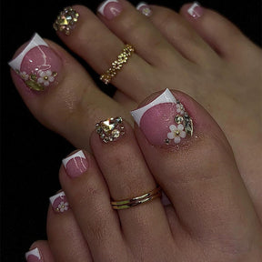 French Style Toe Nails with Glitter & 3D Flowers