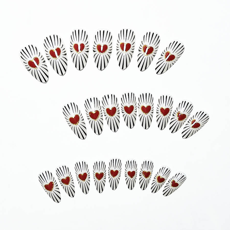 Valentine's Day Almond-Shaped Nails with Black Stripes and Red Hearts