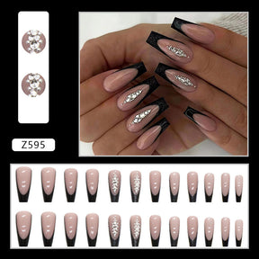 Black French Shimmer Fall Nails, 24-Piece Ins-Style Set