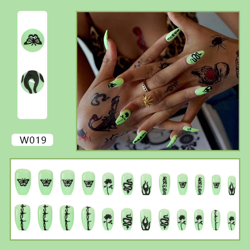 Green Butterfly Long Ballet-Style Nail Tips