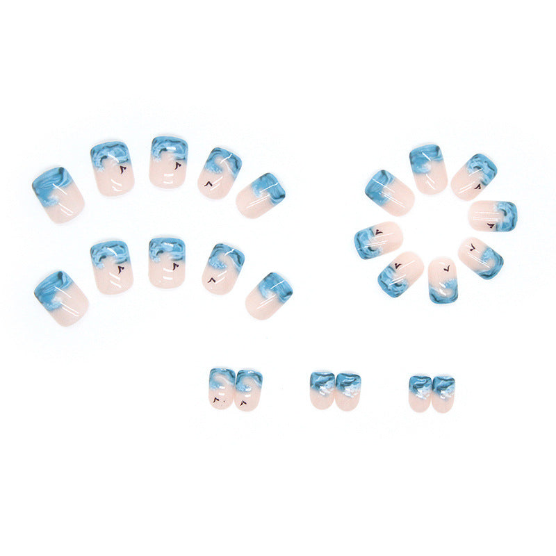 Short Blue Wave Cool Natural Fall Nails, 24-Piece Wholesale Set