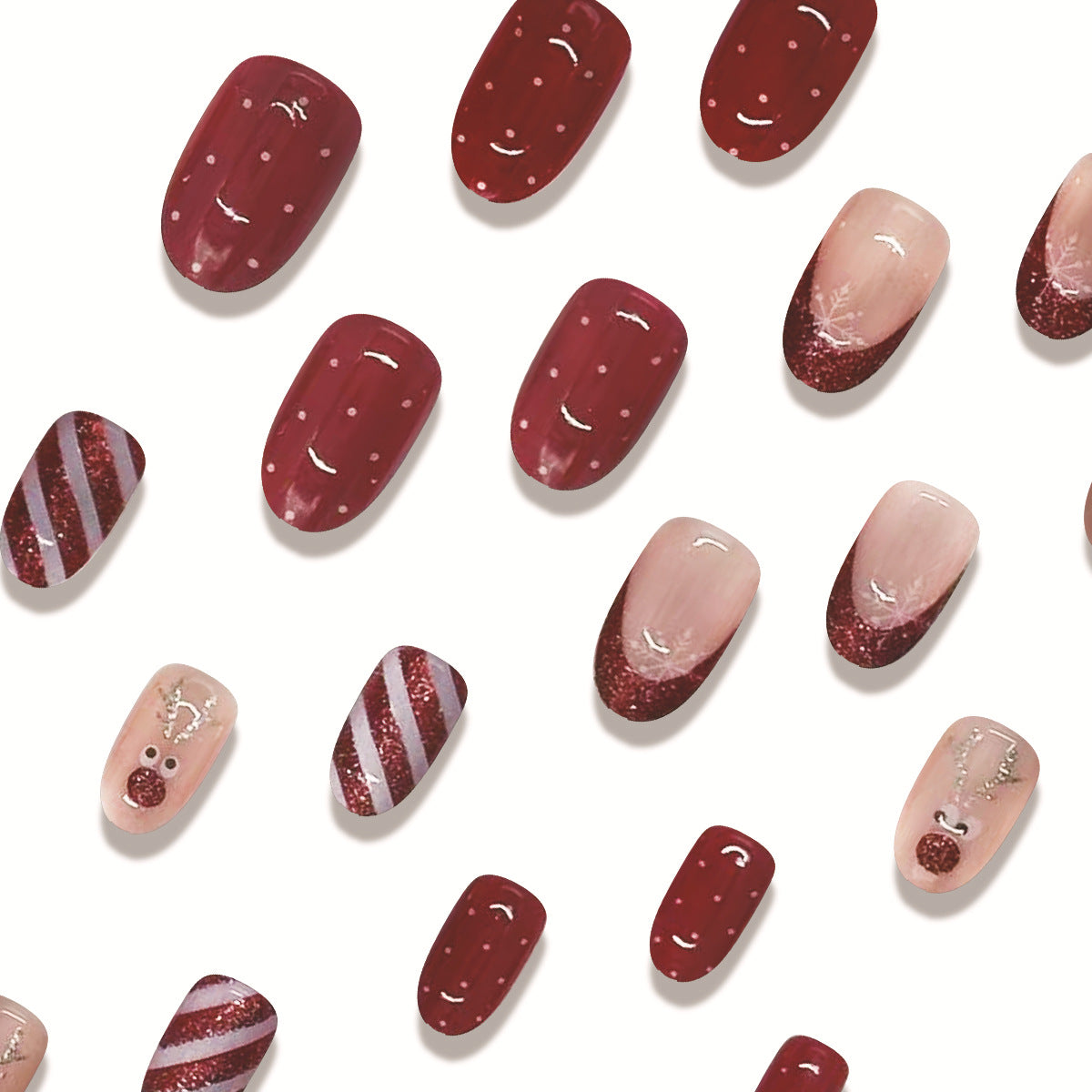 Winter Christmas Short Red Glitter French Oval Reindeer Snowflake Striped Nails