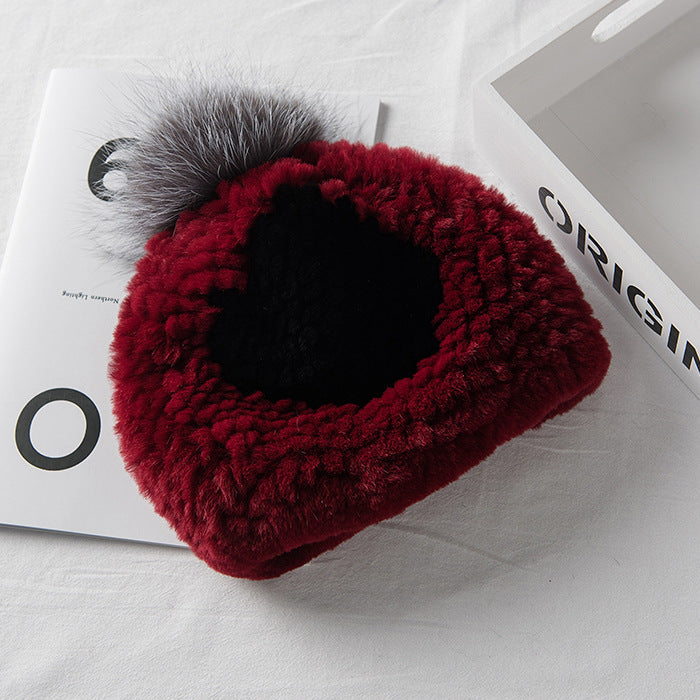 Winter Fashion Real Rabbit Fur Hat with Fox Pom Pom