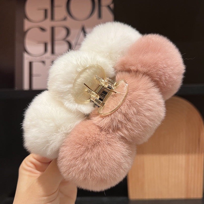 Real Rabbit Fur Large Hair Clip Winter Fashion Accessory