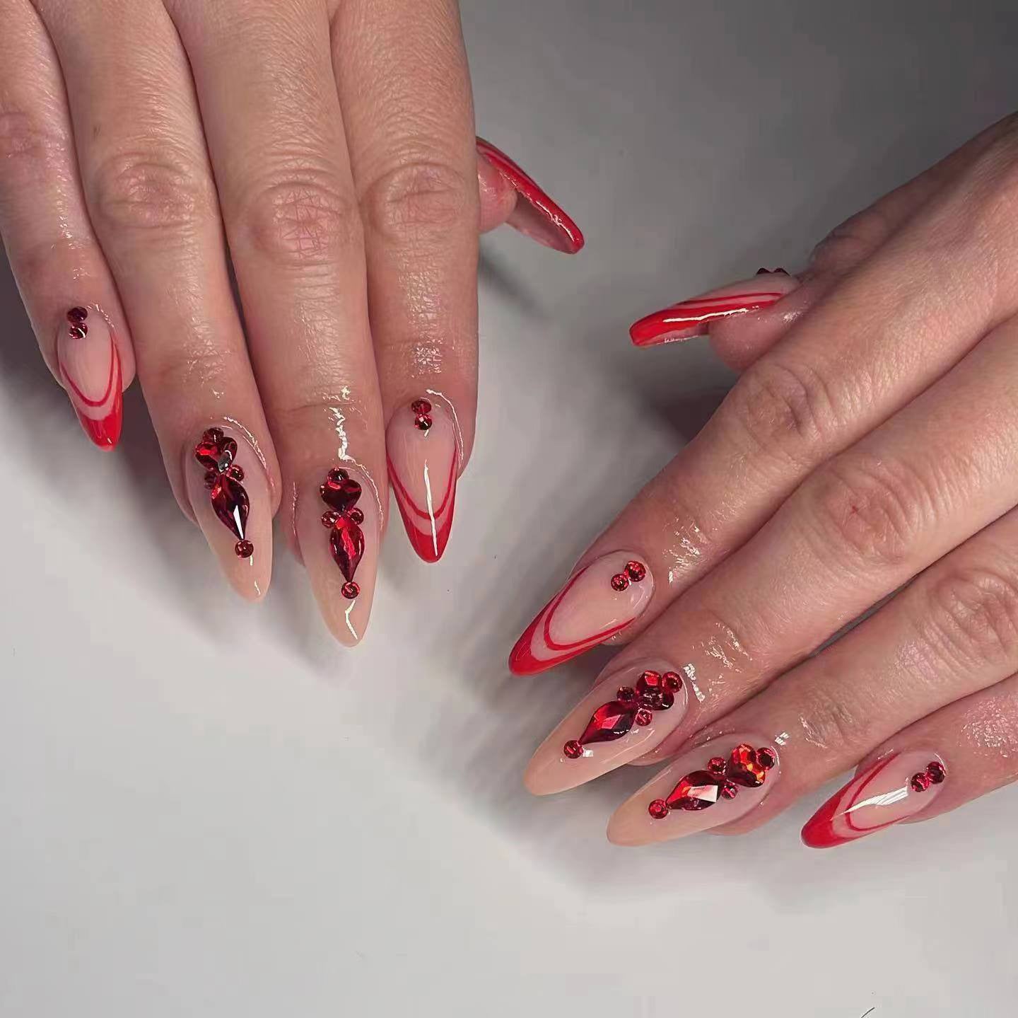 Shiny Diamond Almond French Nails, Red and Elegant