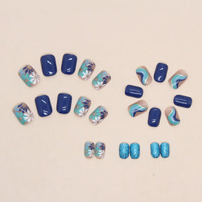 Short Fresh Morandi Blue Flower Wave Nails Sparkling Blue Glitter Wearable Fake Nails