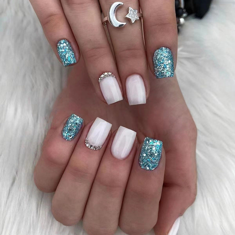 Square Aurora White Nails, Sparkling Blue Diamonds