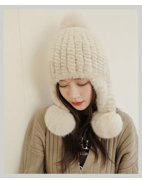 Warm Mink Fur Hat with Fox Pom Pom - Winter Luxury