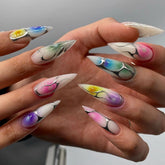 Color Gradient Long Pointy Fake Nails, Silver Flame Design