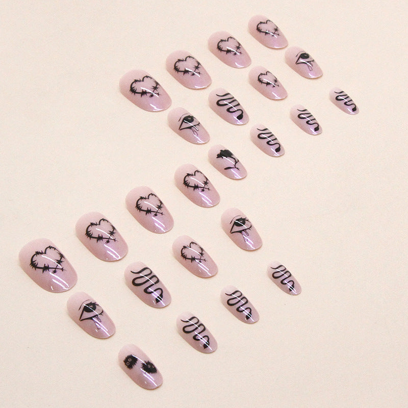 Oval Long Nails, Aurora, Black, Thorn Heart Rose, Ins Style