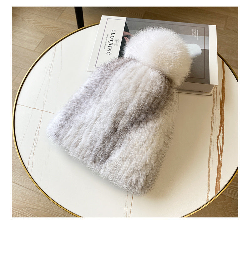 Winter Fox Pom Pom Mink Fur Hat with Ear Protection