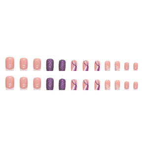 Minimalist French Purple Flash Nails, Medium Length Square, Reusable