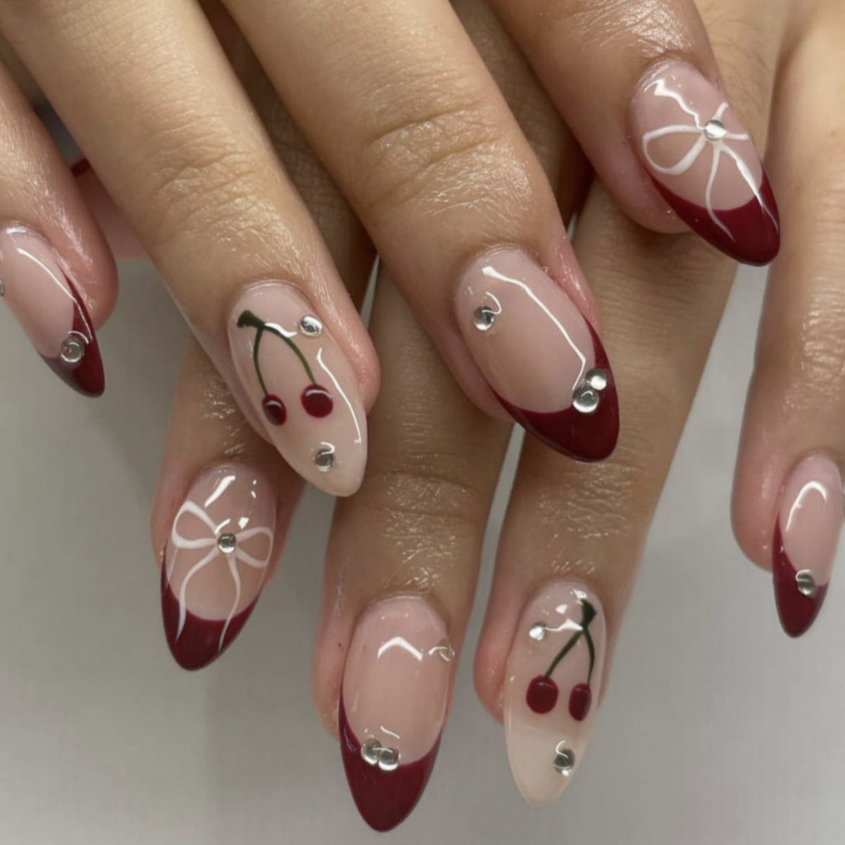 Wholesale Sweet French Burgundy Nail Tips with Bow and Cherry