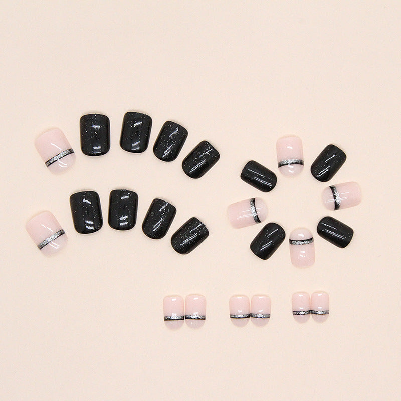 Short Square Flashy Solid Color Line Nails, Black and Pink