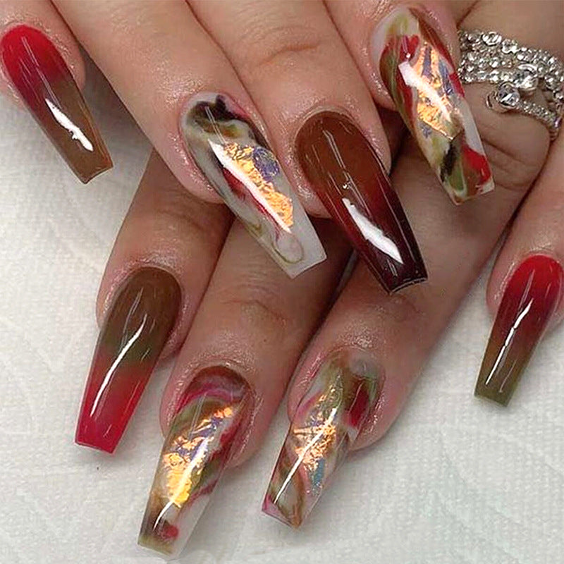 Autumn Wine Red Gradient Long Nail Tips