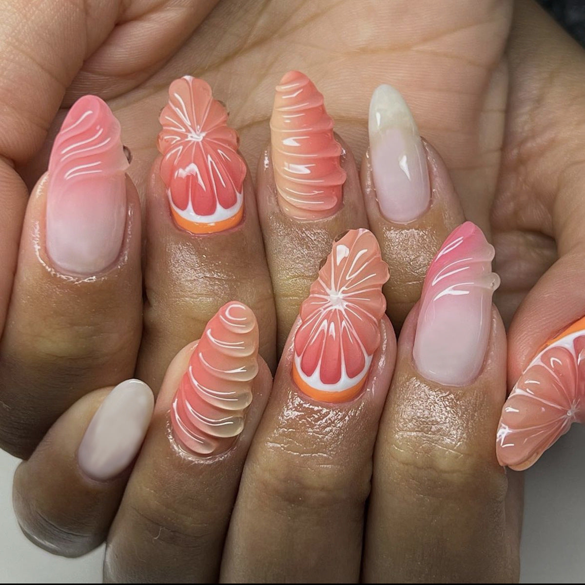 Fruit Themed Almond Shape 3D Drip Resin Nails