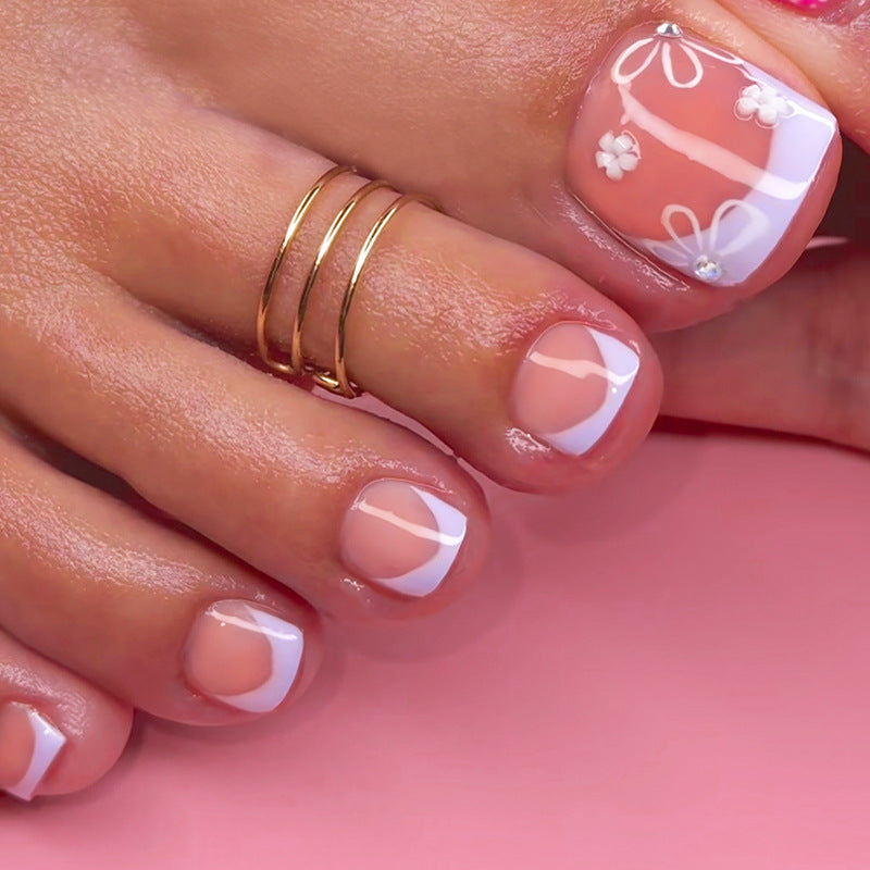 Floral French Toe Nails - White Edge, Soft Pink