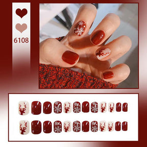 Christmas Reindeer White Snowflake Short Fall Nails - Removable Nail Tips