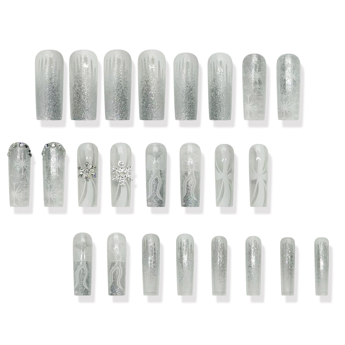 2024 Winter Snowflake Swirl Crystal Clear Long Coffin Christmas Nails