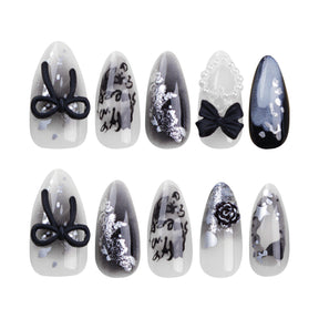 Black 3D Bow Nail Tips with Pearls and Glitter