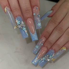 Long 3D Flower and Butterfly Glitter Nail Tips