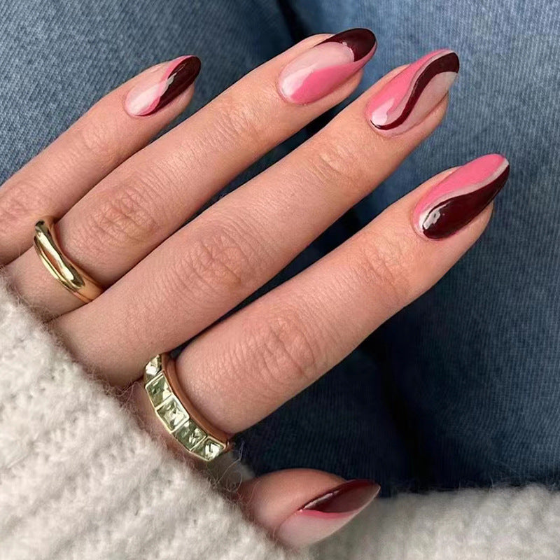 Rose Red Irregular Wave Fall Nails, 24-Piece Ins-Style Set