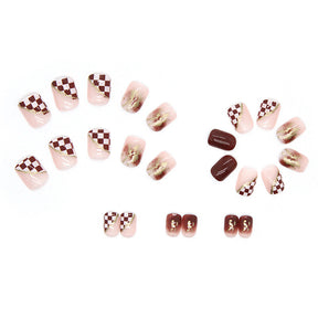 Brown Checkerboard Flash Fall Nails 24-Piece Set