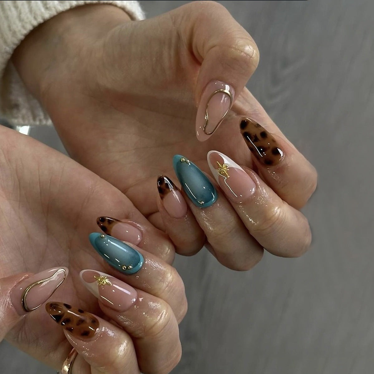 Leopard Print Almond French Nails with Detachable Design