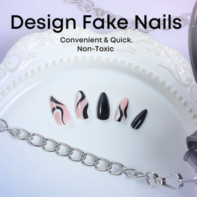 New Almond Shaped Nail Tips with Black Wave Pattern